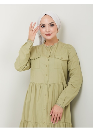 Dantelli Doğal Kumaşlı Boydan Düğmeli Kot Elbise Açık Yeşil