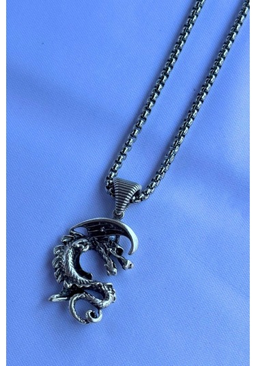 Ejderhalı El İşçiliği Paslanmaz Çelik Zincir Erkek Kolye Gümüş