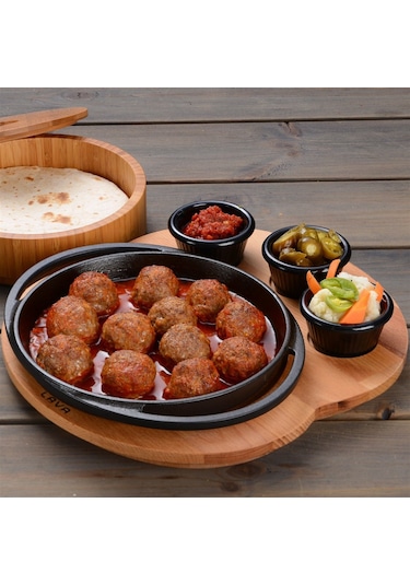 Lava Döküm Yuvarlak Sahan Döküm Demir Yekpare Çift Kulplu Kayın Servis Ahşabı Çap(Ø)20cm.