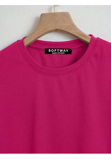 Kadın Oversize Bisiklet Yaka Düz Crop T-shirt - Fuşya