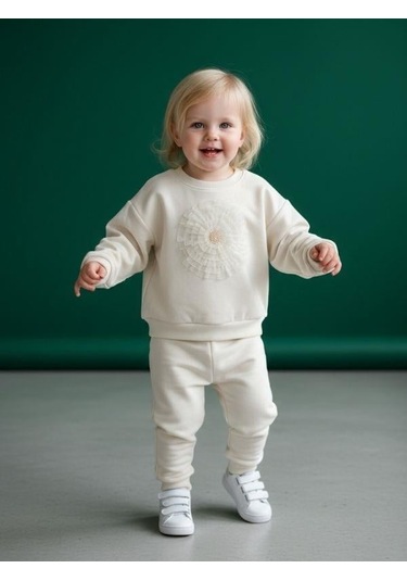 Zekids Kız Bebek Pamuklu Çiçek Detaylı Sweatshirt-16564 Krem