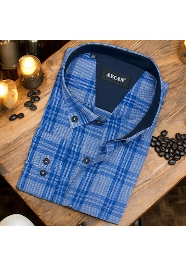 Pamuklu Uzun Kollu Mavi Erkek Gömlek Regular Kalıp -9948 Mavi