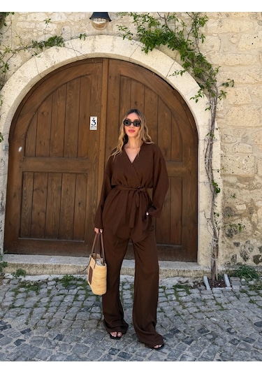 Laluvia Kahverengi Tek Düğmeli Kuşaklı Kimono Takım - 007
