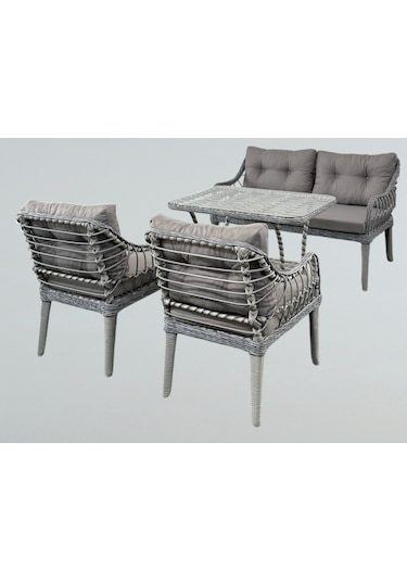 Kaş 2+1+1+sehpa Bahçe Balkon Mobilyası,gri Rattan/gri Kumaş Gri