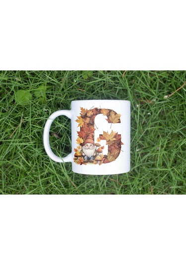 G Harf Sonbahar Yaprak Temalı Kupa Bardak - Sevimli Figürler İle Alfabe Harfli Bardak - Kişiye Özel Beyaz
