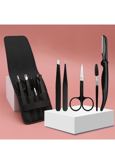 Valkyrie Deri Çantalı Kaş Usturalı Cımbız Seti Siyah 5'li