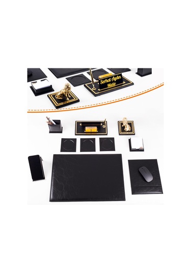 Opta 10 Parça Aslan Biblolu Siyah Deri Sümen Seti Takımı Gold Kalem Ofis Masa İsimliği Lüks İsimlik