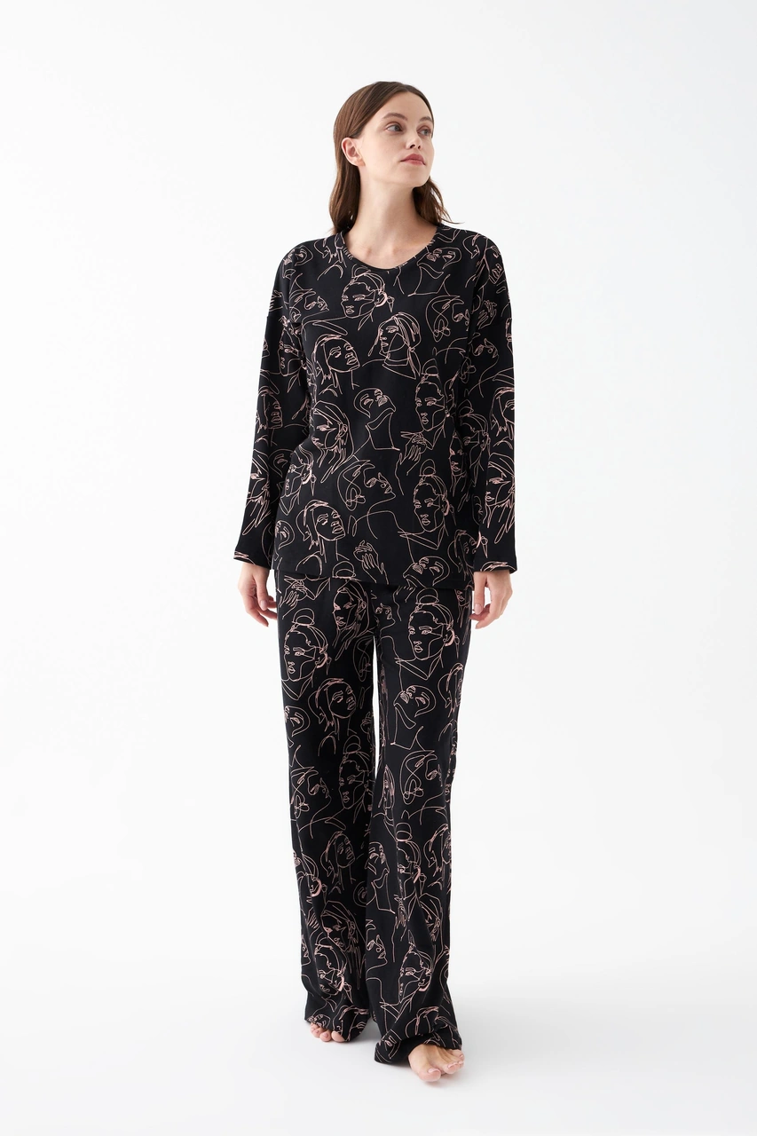 Akbeniz Kadın Oversize Siyah Line Art Desenli Pamuklu Kalın Pijama Takımı Siyah