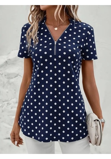 Modasize Kadın Kısa Kollu Yakadan Fermuarlı Puantiyeli Uzun Dokuma Viskon Bluz Lacivert