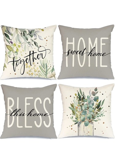 Folinda Köy Stili Ahşap Desenli 4'lü Yastık Kılıfı - 45x45cm Gri Ve Krem Renkli, Örtülü Fermuar, Poliester Kumaş, Ev Dekorasyonu Haki - Gri