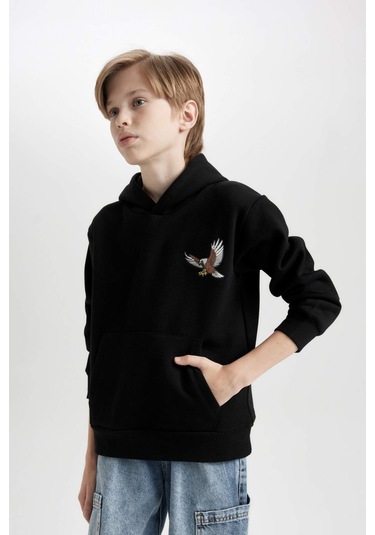 DeFacto Erkek Çocuk Baskılı Kapüşonlu Kalın Siyah Sweatshirt D3032A824WNBK81