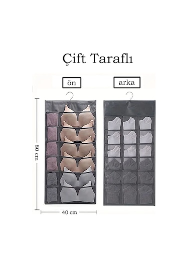 Adarya Home Çift Taraflı Askılı Çok Amaçlı Organizer 18 Ve 12 Göz Gri