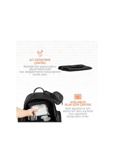 Gezenbebe Kişiye Özel Çok Fonksiyonlu Anne Baba ve Bebek Bakım Sırt Çantası Siyah
