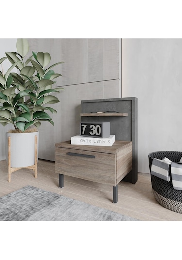 Robin Home Denver Komodin 2 Çekmeceli Metal Ayaklı Kahve-Beton  D5