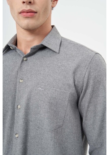 Füme Uzun Kol Düz Gabardin Sert Yaka Cepli Pamuklu Classic Comfort Fit Gömlek 1004245168 Füme