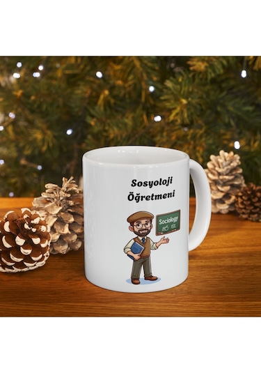 Erkek Sosyoloji Öğretmeni Hediyelik Baskılı Porselen Beyaz Lüks Kupa Bardak Beyaz