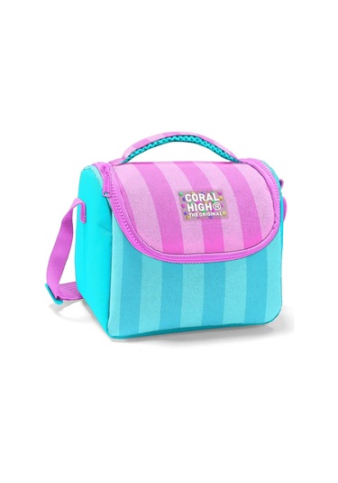 Coral High İlkokul Kız Çocuk Okul Beslenme Çantası, Turkuaz Pembe Çizgili, Termoslu Isı Yalıtımlı Çok Renkli