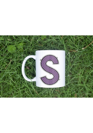 S Harfi Mor Puantiyeli Kupa Bardak - Polka Dot Tasarım Kahve Çay Bardak - Kişiye Özel Hediyelik Beyaz