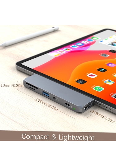 Springsun İpad Uyumlu Pro 2018 İçin 6-1 Usb-c Hub: 4k Hdmı, 60w Pd Şarj, Usb 3.0, Sd/tf Kart Okuyucu, 3.5mm Ses Portu - Alüminyum Gümüş