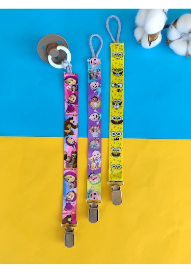 3baby 3'lü Bebek Emzik Askısı Seti - Emzik Tutucu - Emzik Zinciri Çok Renkli