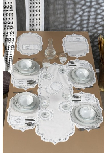 Nişan Keten Nakışlı Amerikan Servis Takımı 19 Parça Silver Gümüş