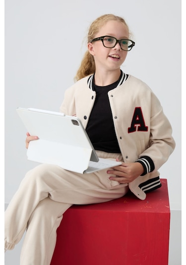 Tommy Life Bej Kalın Yumuşak Dokulu Standart Fit Nakışlı Polar Kız Çocuk Kolej Ceket - 75156 Bej