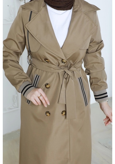 Bondit Kumaş Ribanalı Uzun Boy Trençkot / Açık Kahve - M0110 Açık Kahve Kahverengi