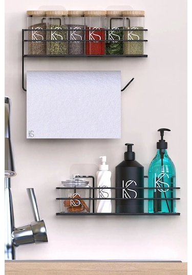 Siyah Yapışkanlı Mutfak Ve Banyo Rafı Ve Rulo Havlulu Baharatlık Rafı 2'li Set Siyah