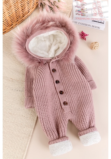 Triko Örgü Kışlık İçi Welsoft Astarlı Kapüşonlu Kız/erkek Bebek Tulum Gülkurusu