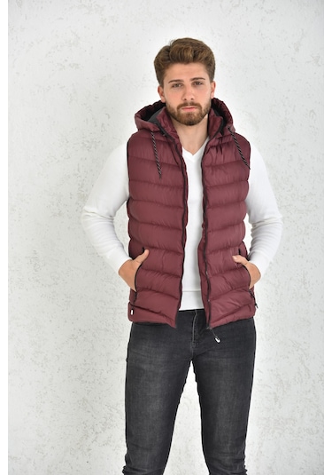 Erkek Bordo Jel Dolgu Çıkarılabilir Fermuarlı Kapüşon Şişme Yelek
