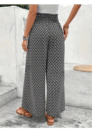Leyla Sanat Sanata Yeni Bir Bakış Açısı Kadın Yüksek Bel Lastikli Önden Iki Parçalı Desenli Bürümcük Pantolon Siyah