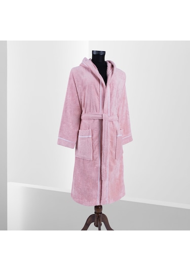% 100 Pamuklu Laodikeia Kapşonlu Unisex Kadın Erkek Bornoz Pembe