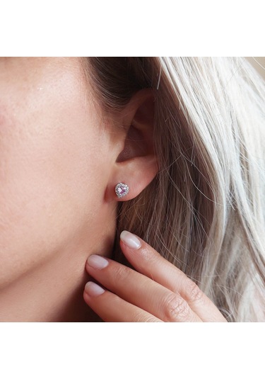 925 Ayar Gümüş Pembe Taşlı Kalp Küpe Gümüş