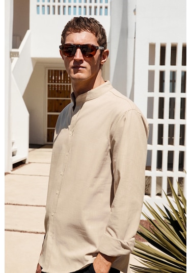 JEZER Erkek Hakim Yaka Uzun Kollu %100 Pamuk Regular Fit Bej Gömlek