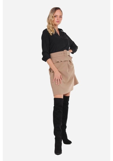 Kadın Yüksek Bel Pileli Etek Frn4050 CAMEL