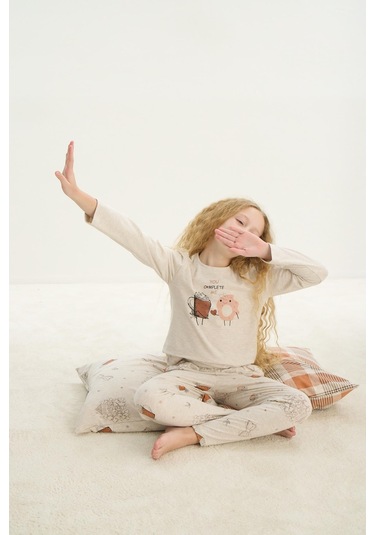 Sevim Kız Çocuk Uzun Kol Bej Melanj Pijama Takım C2t1n7o8 001