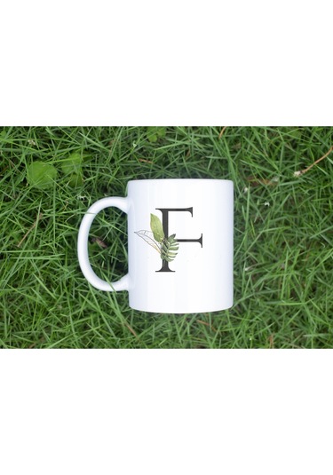 F Harf Zarif Yaprak Desenli Kupa Bardak - Naturel Sade Alfabe Harfli Bardak - Kişiye Özel Hediye Beyaz