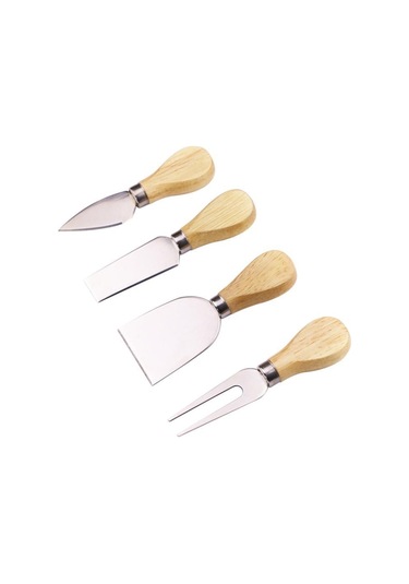 4 Adet Paslanmaz Çelik Peynir Bıçağı Bambu Saplı Dilimleyici Gümüş