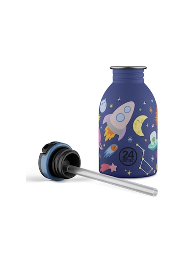 Kids Bottle Space Friends Pipetli Paslanmaz Çelik Çocuk Su Matarası 250 Ml Mor