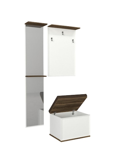 Dekorister Lonya Aynalı Sandıklı Puflu Portmanto Beyaz-Ceviz