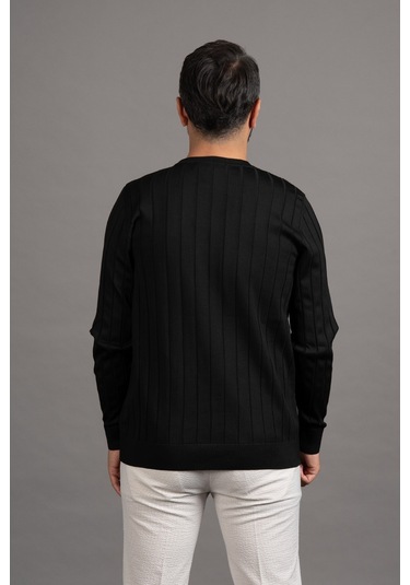 Sıfır Yaka Kendinden Çizgili Likralı Akrilik Mevsimlik Kazak Siyah