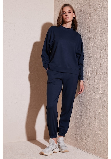 Lela Streç Bisiklet Yaka Oversize Fit Scuba Bayan Sweat 5865879 Lacivert