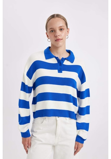 Defacto Regular Fit Polo Yaka Düğmeli Çizgili Triko Kazak A2357AX24WNBE64 Mavi Defacto Regular Fit Polo Yaka Düğmeli Çizgili Triko Kazak A2357AX24WNBE64 Mavi