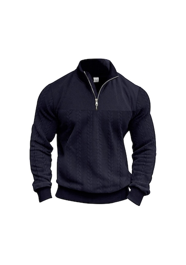 Amerikan Retro Gündelik Dik Yaka Fermuarlı Kazak Gevşek Örme Ağır Dikiş Jakarlı Sonbahar Ve Kış Uzun Kollu Kazak Lacivert