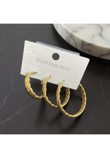 9086020235180 - Altın Renk Burgu Desenli Antialerjik 316l Çelik 3'lü Set Halka Küpe Gold