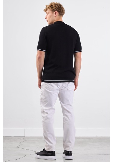 Dufy Siyah Polo Düğmeli Fitilli Kısa Kollu Slim Fit Erkek Triko Siyah