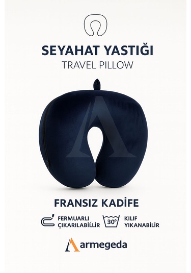 Armegeda Fransız Kadife Seyahat Yastıgı Nar Kırmızısı Yastık Lacivert