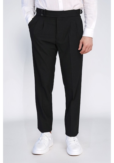 Siyah Çift Pileli Tokalı Yüksek Bel Slim Fit Pantolon Wessi Siyah