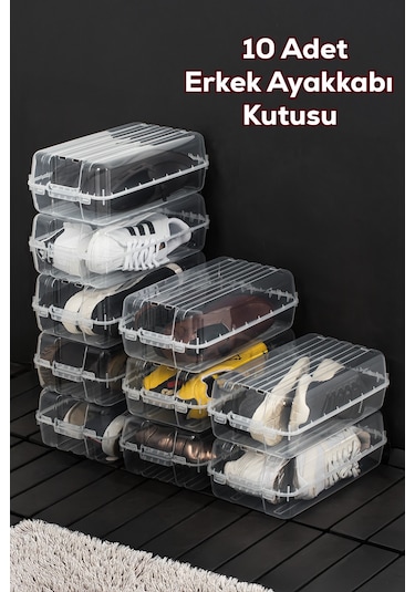 Porsima 3207 10 Adet Erkek Ayakkabı Saklama Kutusu - Şeffaf Pratik Ayakkabı Kabı Düzenleyici Saklama Seti ŞEFFAF
