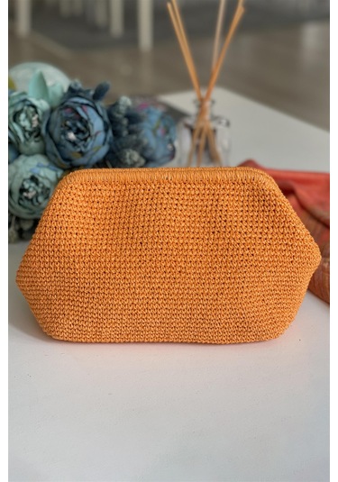 El Yapımı Pastel Turuncu Renk Basic Örgü El Çantası Kağıt İp Turuncu